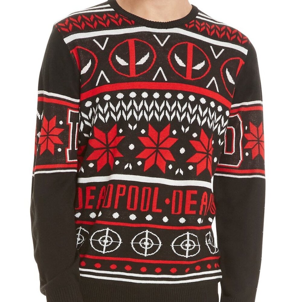 XL Marvel Deadpool Fair Isle Holiday Sweater Black and Red